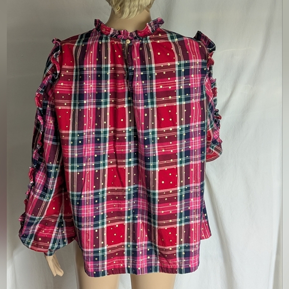 Crown & Ivy red pink gold foil polka dots ruffled long balloon sleeve top sz L - Picture 3 of 10